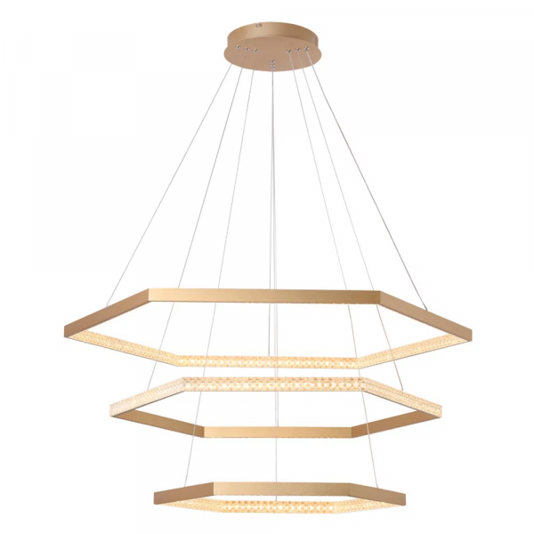 PENDENTE HEX DOURADO E TRANSPARENTE (D)60 + 80 + 100CM (A)3,5CM 3X3+4+5W 3000K 5550LM LED