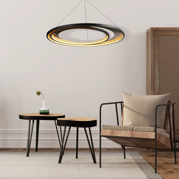 PENDENTE LOOP PRETO E DOURADO (D)82 + 62CM (A)2,2CM 1X76W 3000K 2280LM LED - 3